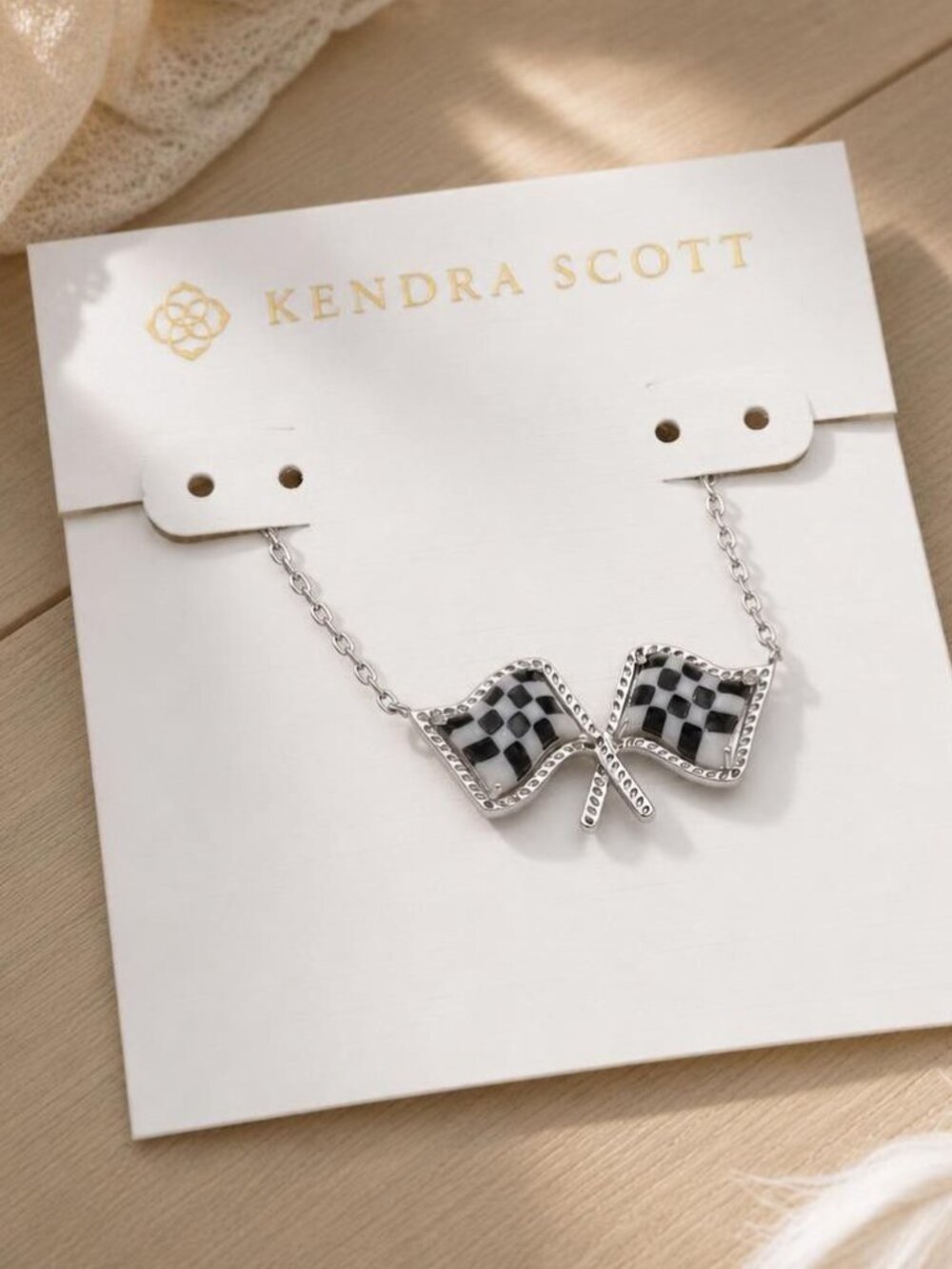Kendra Scott Checkered Flag Silver Pendant Necklace